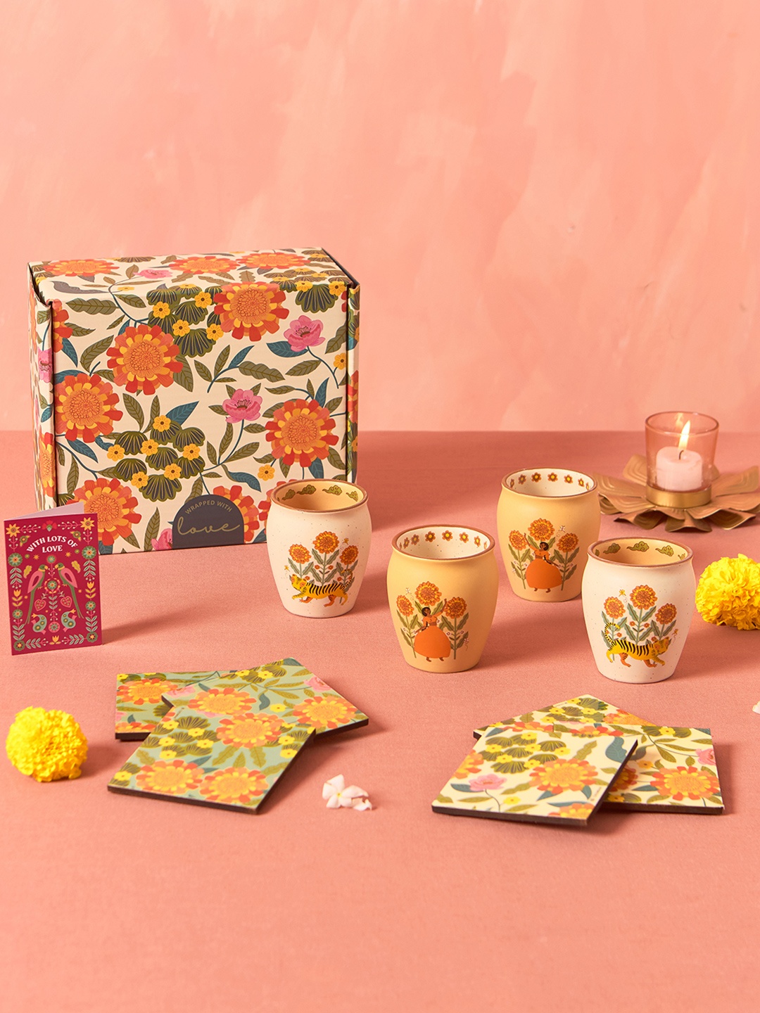 

Chumbak Marigold Off White & Beige 6 PIeces Printed Ceramic Kulhad & Coasters Gift Set