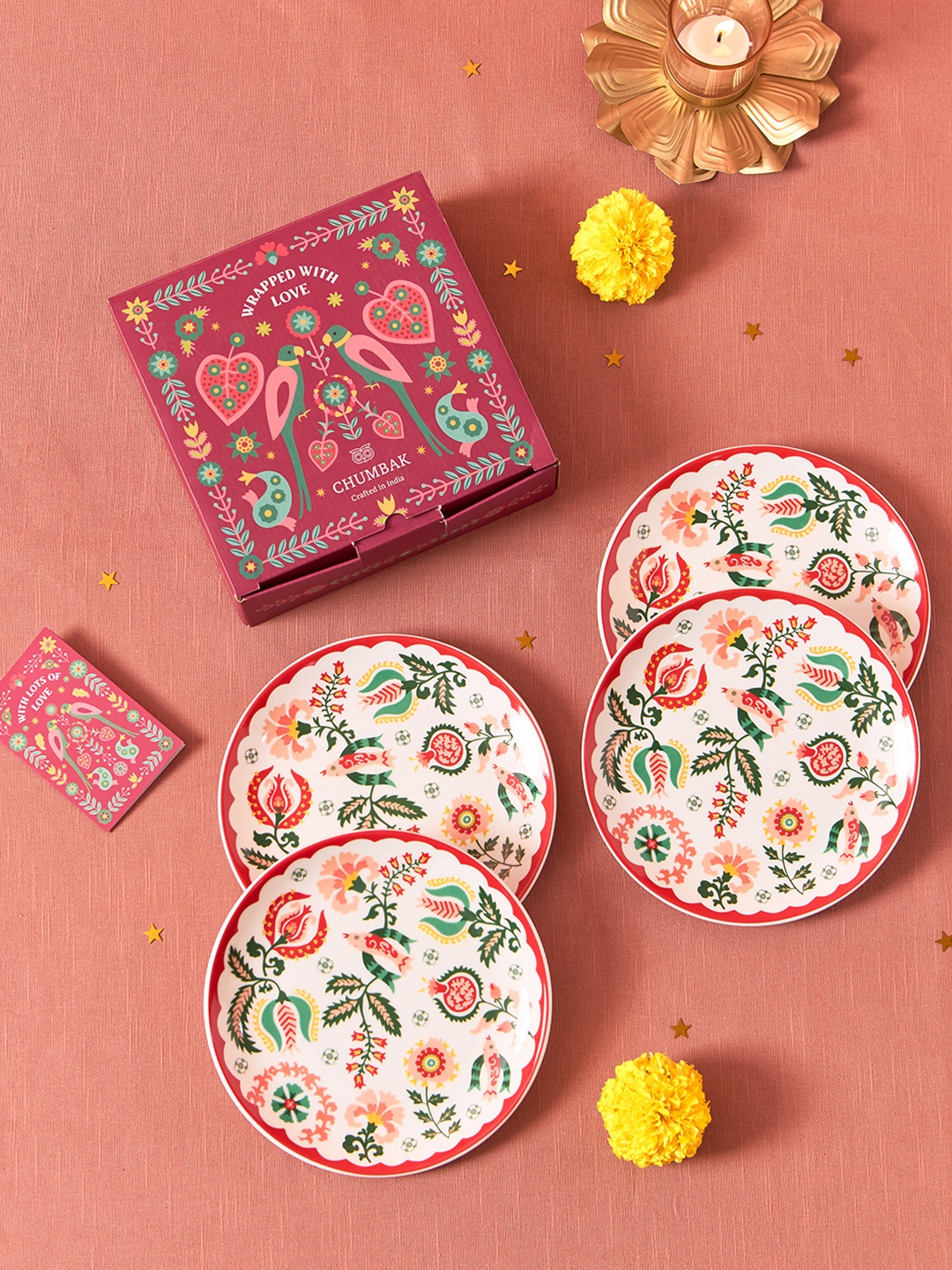 

Chumbak White & Green 4 Pieces Printed Snack Plates