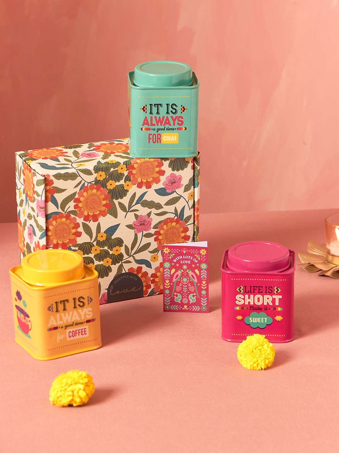 

Chumbak Yellow & Blue 3 Pieces Printed Tin Triplets Gift Set