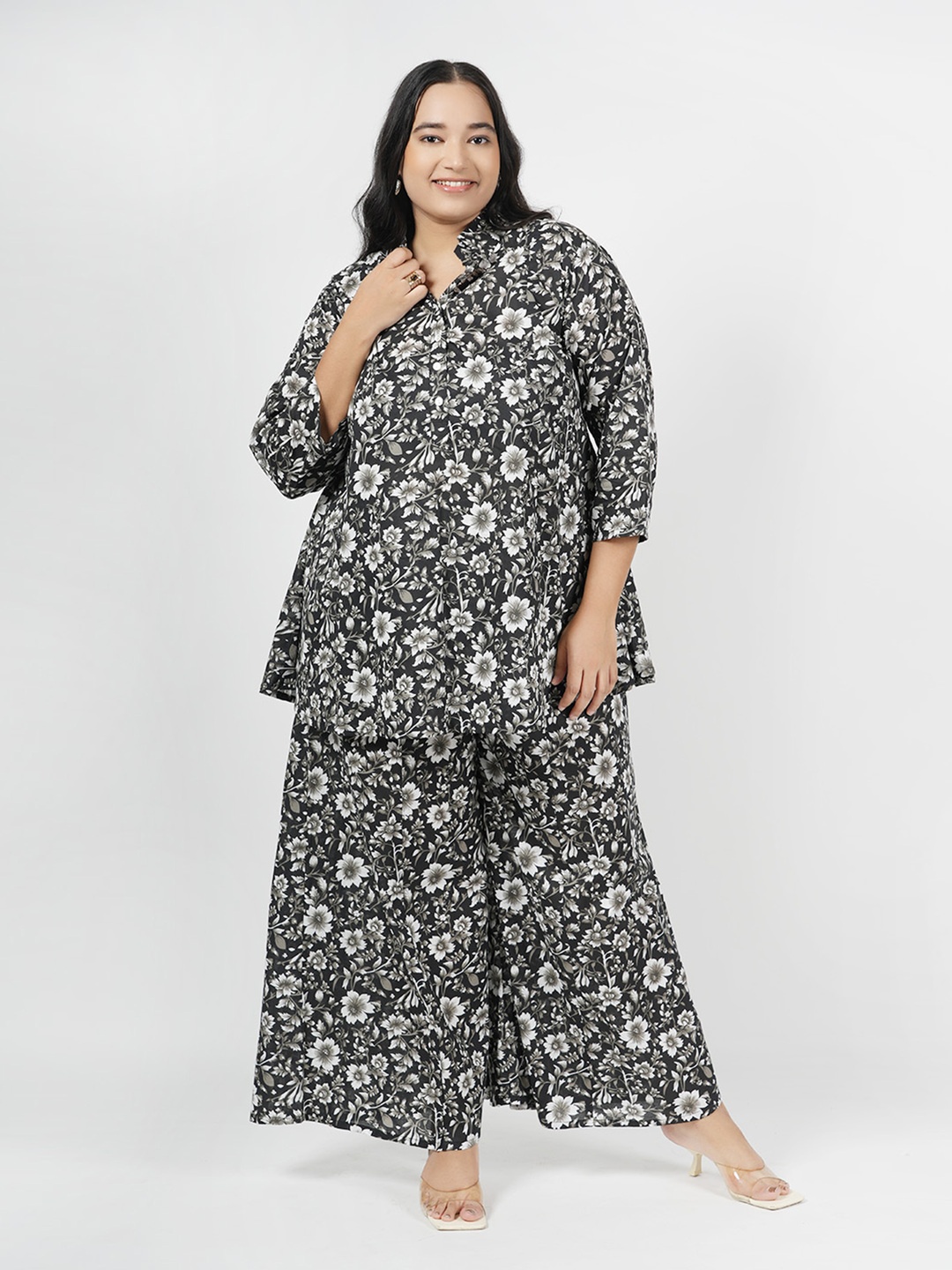 

LastInch Plus Size Floral Printed Shirt Collar Pure Cotton Top With Palazzo, Black