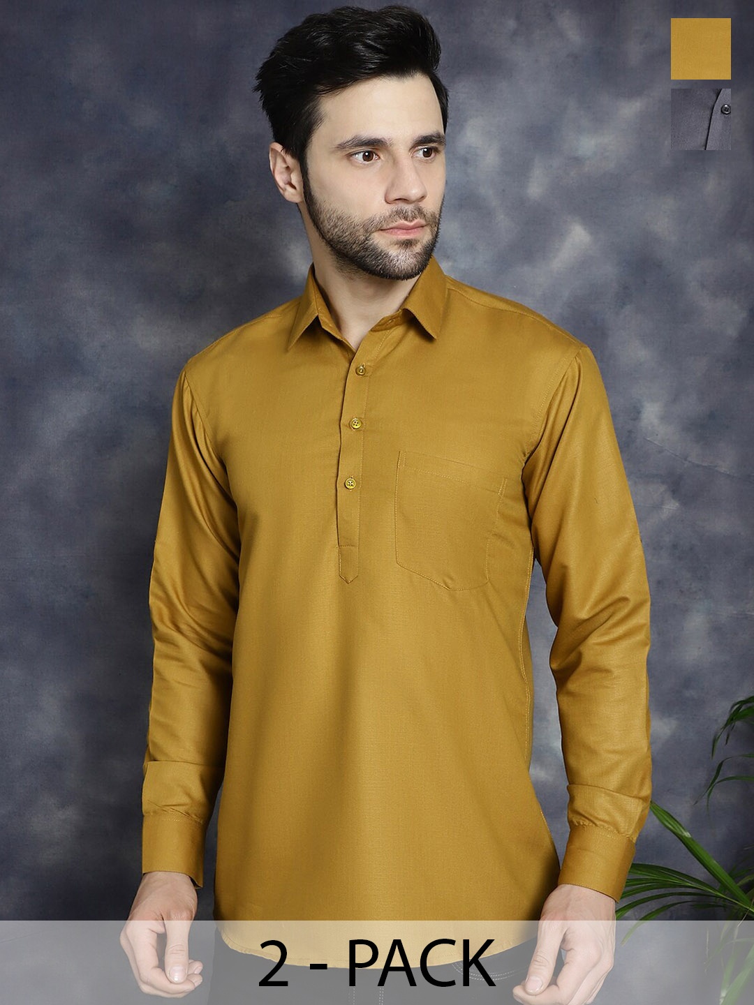 

Jompers Men Pack Of 2 Solid Kurta, Mustard