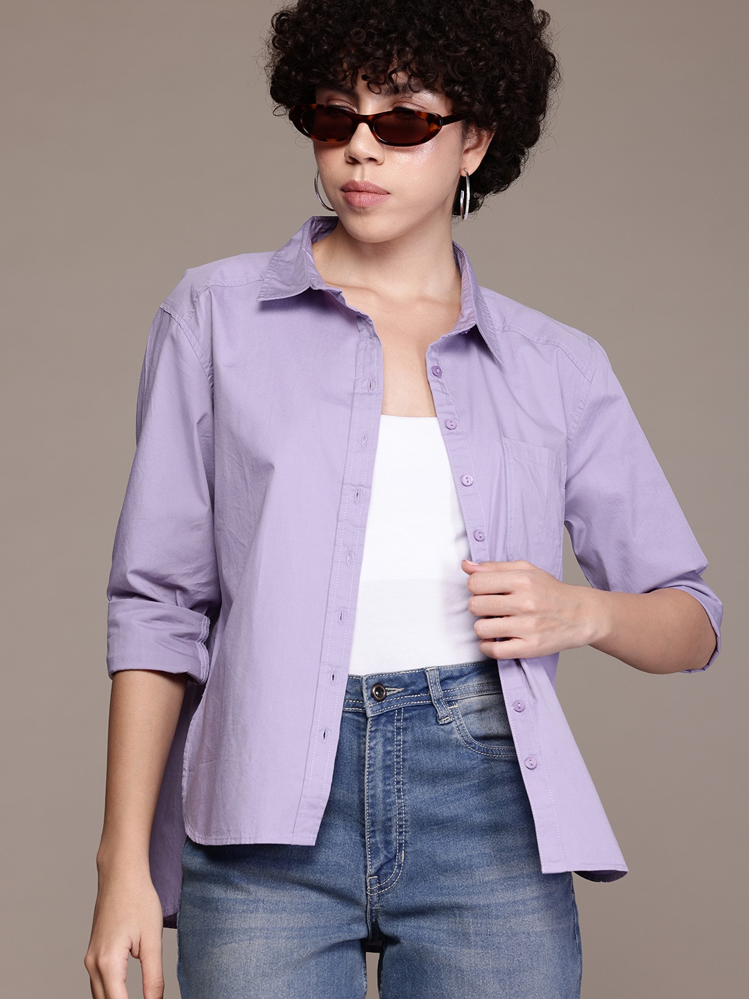 

Roadster Solid Drop Shoulder Casual Shirt, Lavender