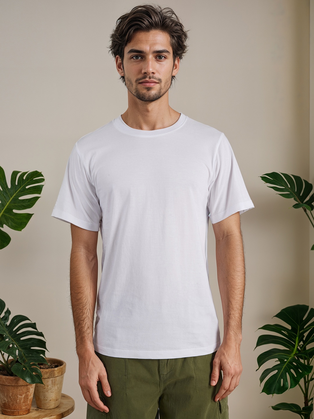 

IVOC Men Solid Round Neck Cotton T-shirt, White