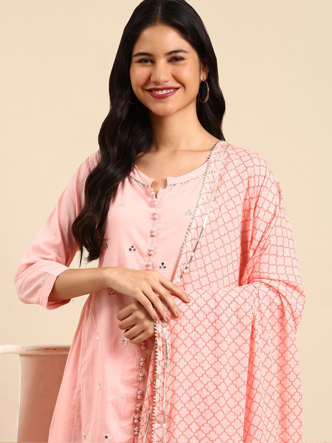 SHOWOFF Pleated Mirror Work Anarkali Kurta with Palazzos & Dupatta, Pink