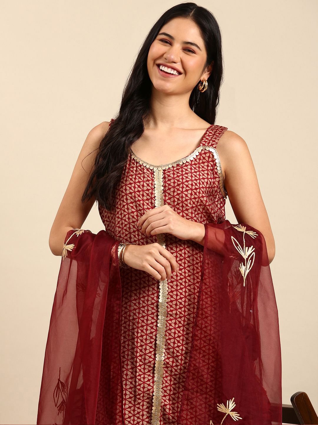 

SHOWOFF Printed Sequinned Chanderi Silk Straight Kurta with Sharara & With Dupatta, Maroon