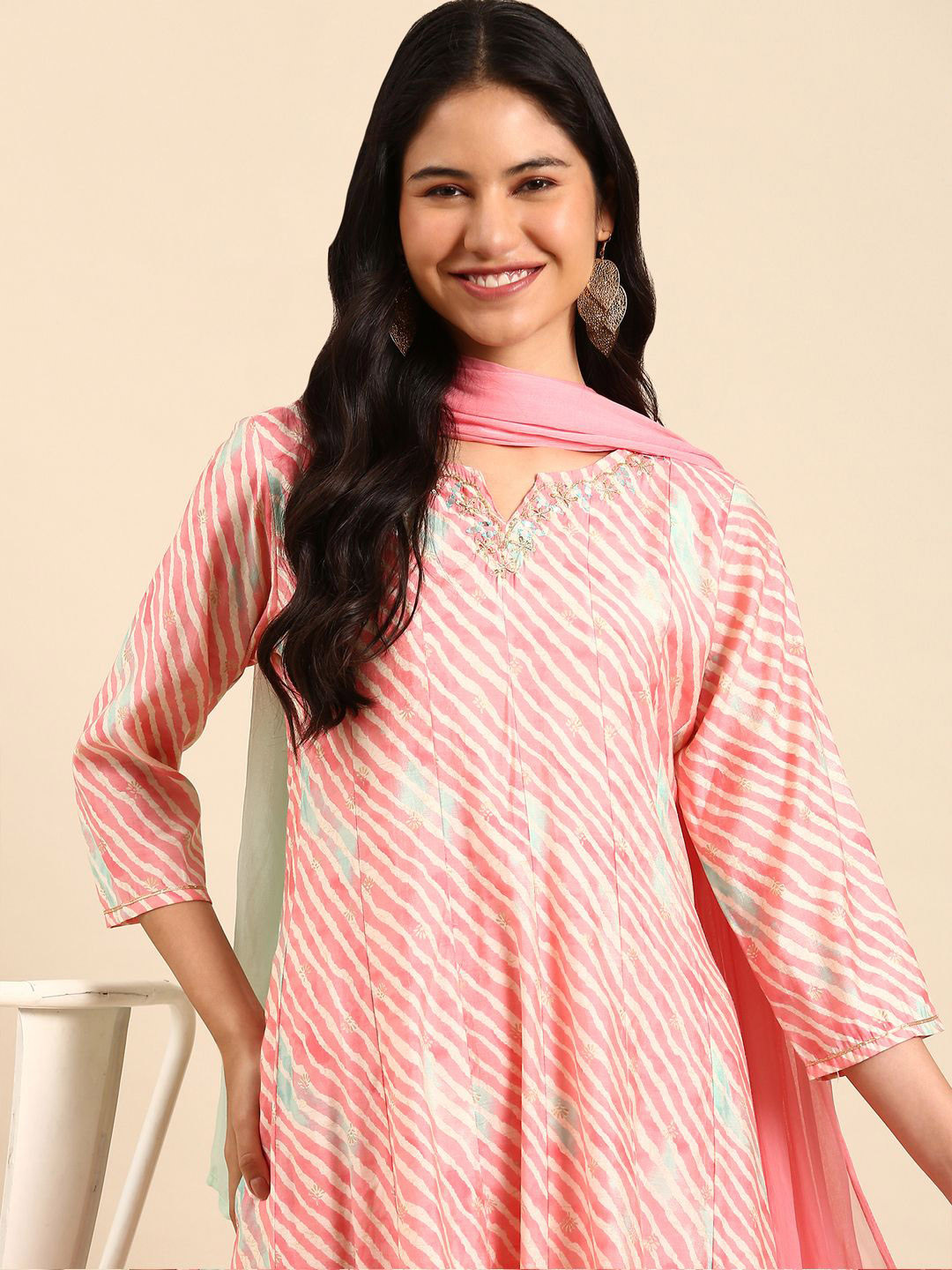 

SHOWOFF Leheriya Printed Mirror Work Chanderi Cotton A-Line Kurta With Trousers & Dupatta, Pink