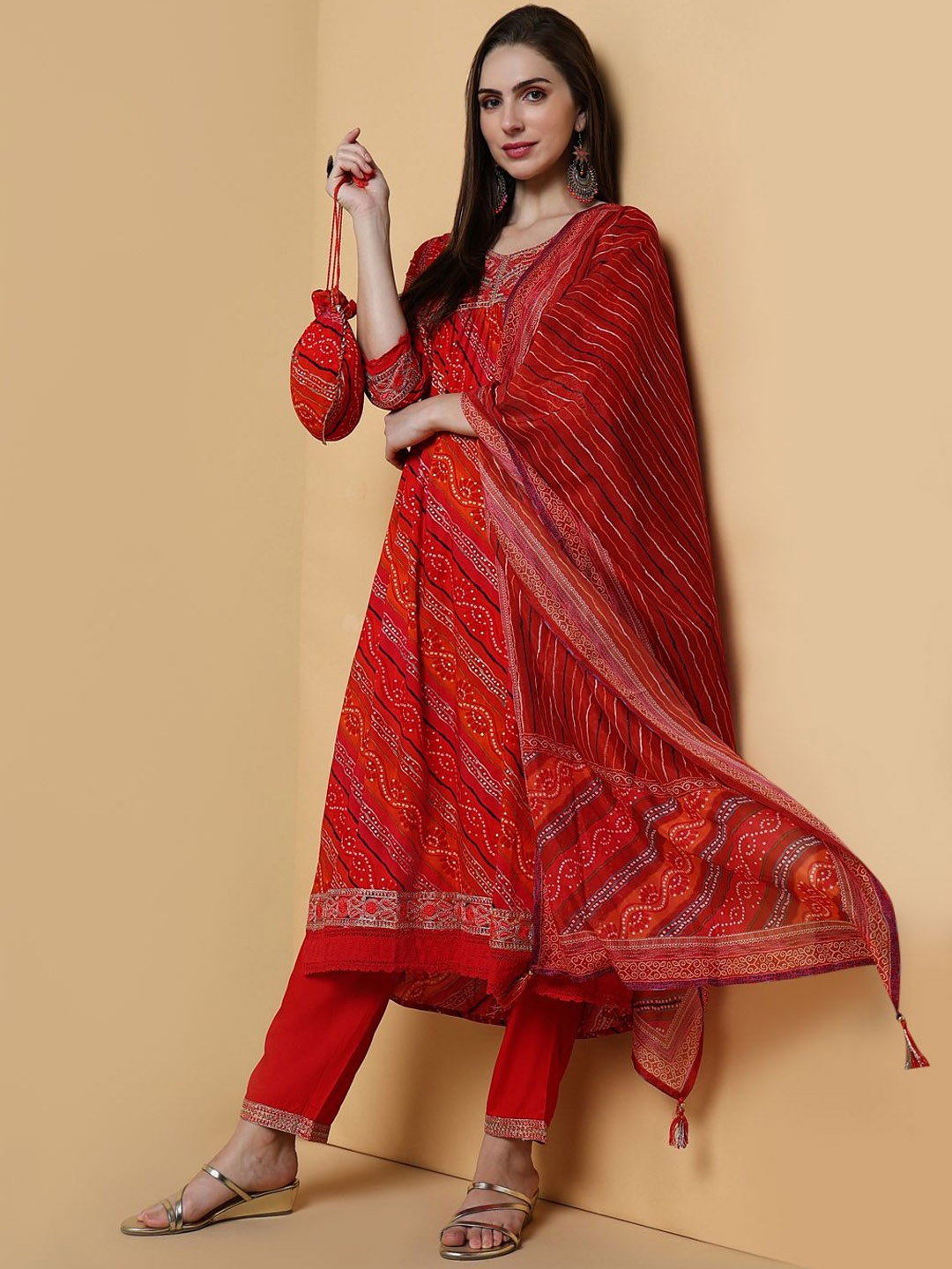 

SHOWOFF Ethnic Motifs Printed A Line Kurta with Trousers & Dupatta, Orange