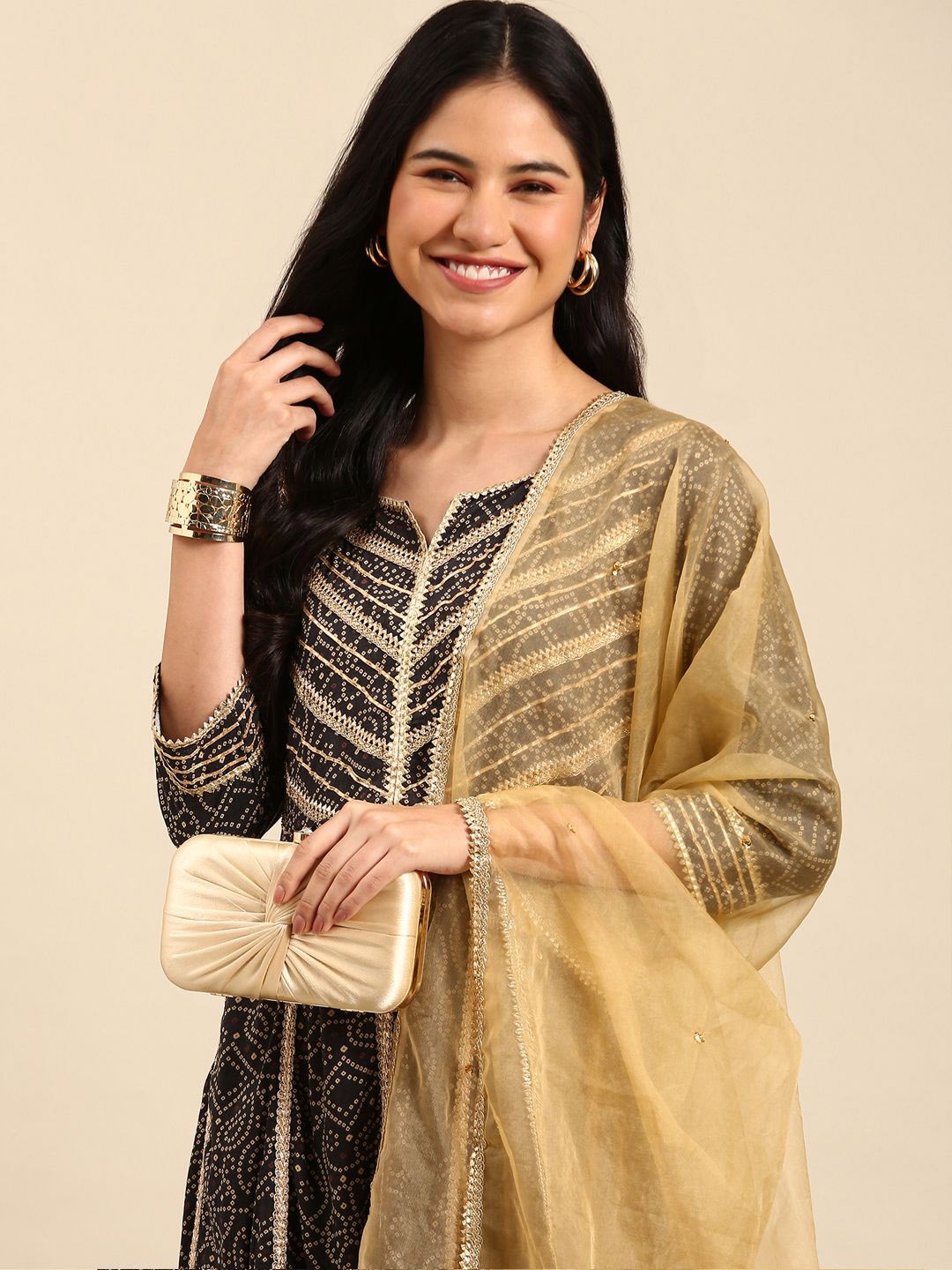 

SHOWOFF Bandhani Printed Gotta Patti Anarkali Kurta With Sharara & Dupatta, Black