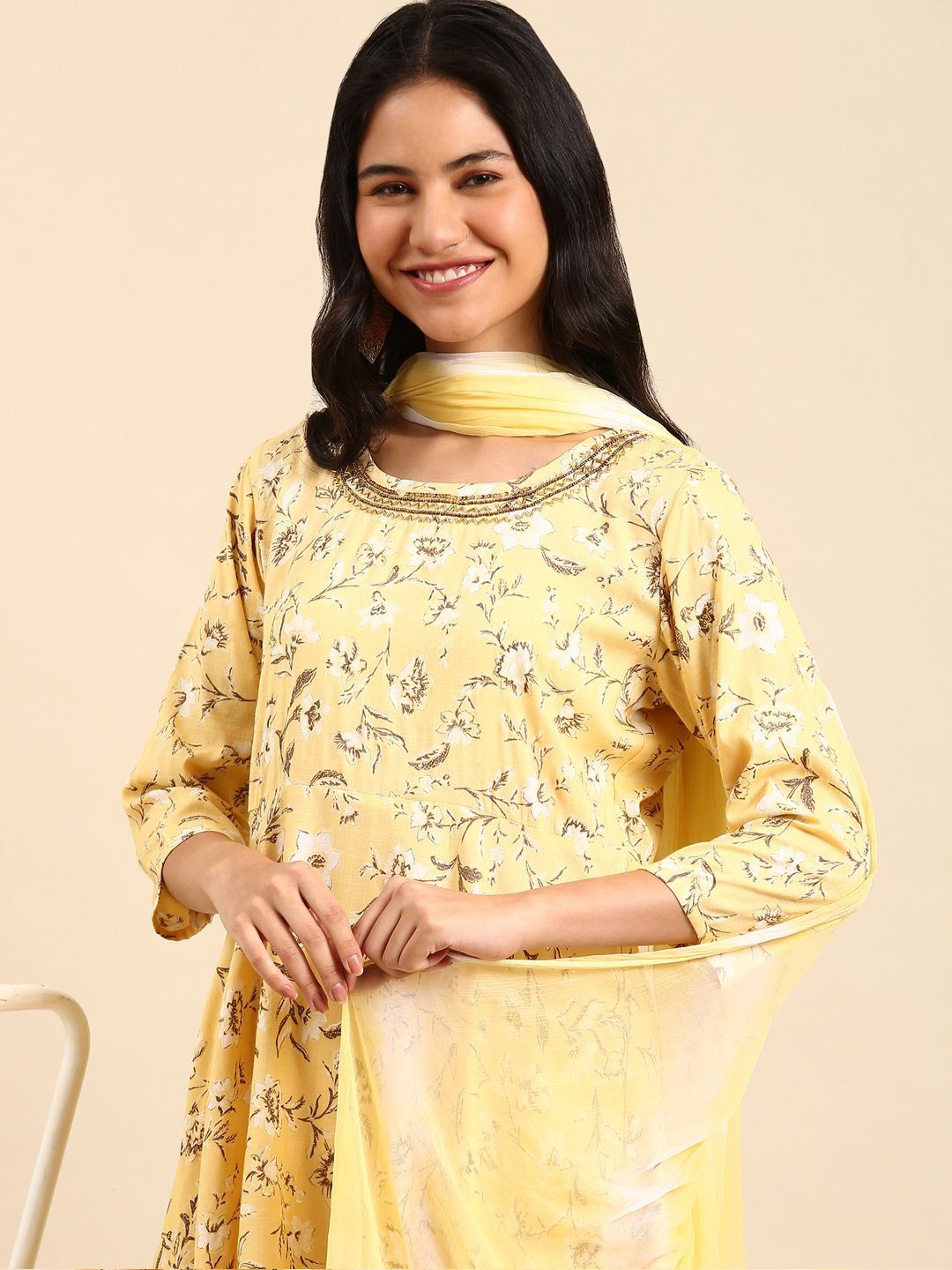 

SHOWOFF Floral Printed Beads And Stones A-Line Kurta With Trousers & Dupatta, Yellow