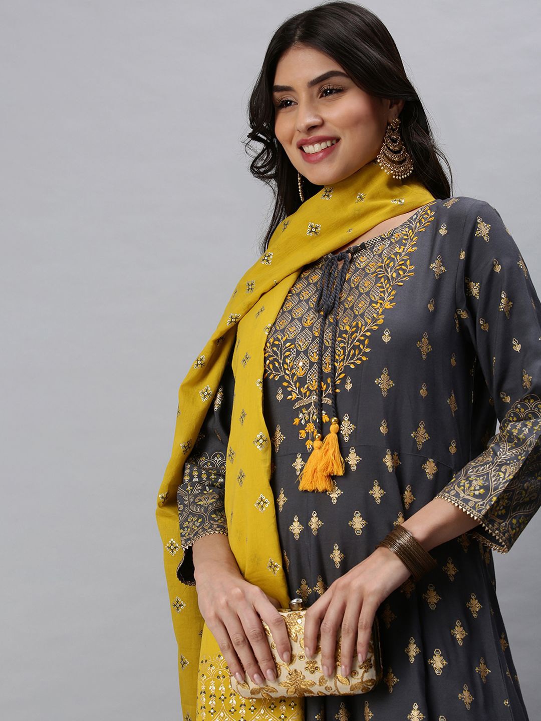 

SHOWOFF Ethnic Motifs Printed Empire A-Line Kurta with Trousers & With Dupatta, Grey