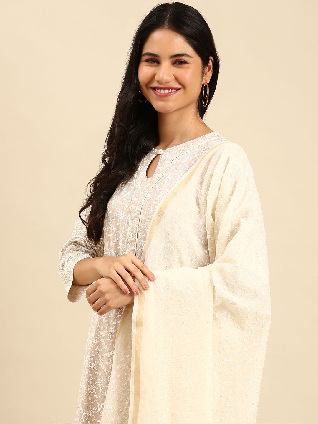 

SHOWOFF Ethnic Motifs Embroidered Straight Kurta with Trousers & Dupatta, Beige