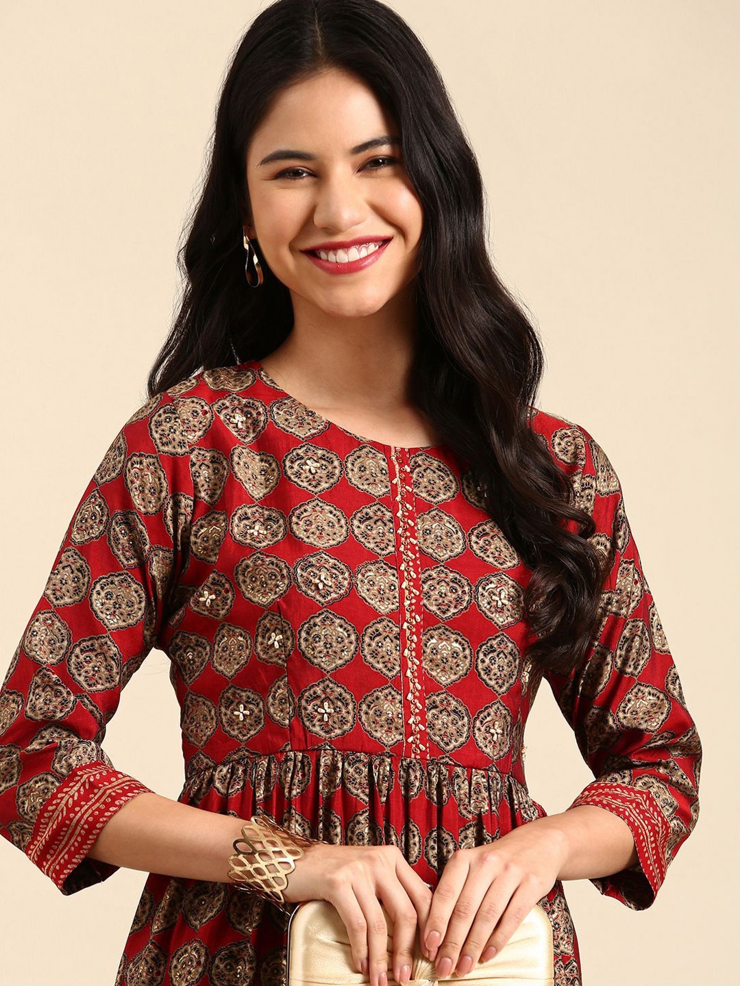 

SHOWOFF Ethnic Motifs Printed Chanderi Cotton Anarkali Kurta with Trousers, Maroon