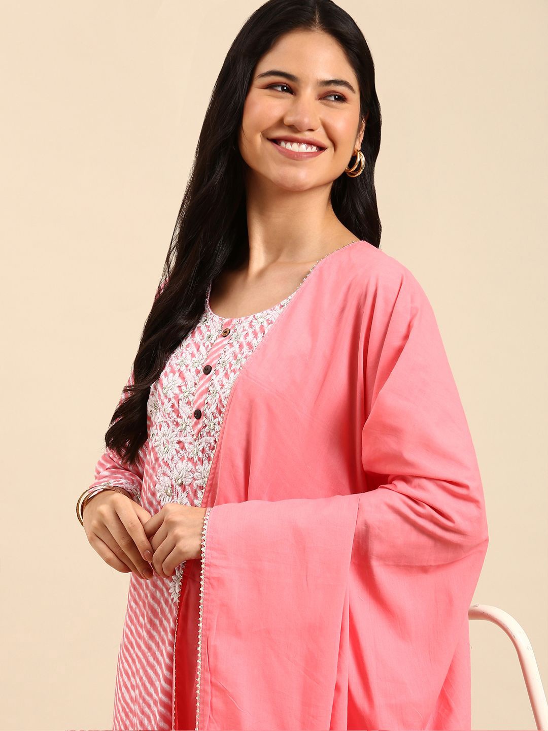 SHOWOFF Leheriya Embroidered Mirror Work Straight Kurta with Trousers & With Dupatta, Pink