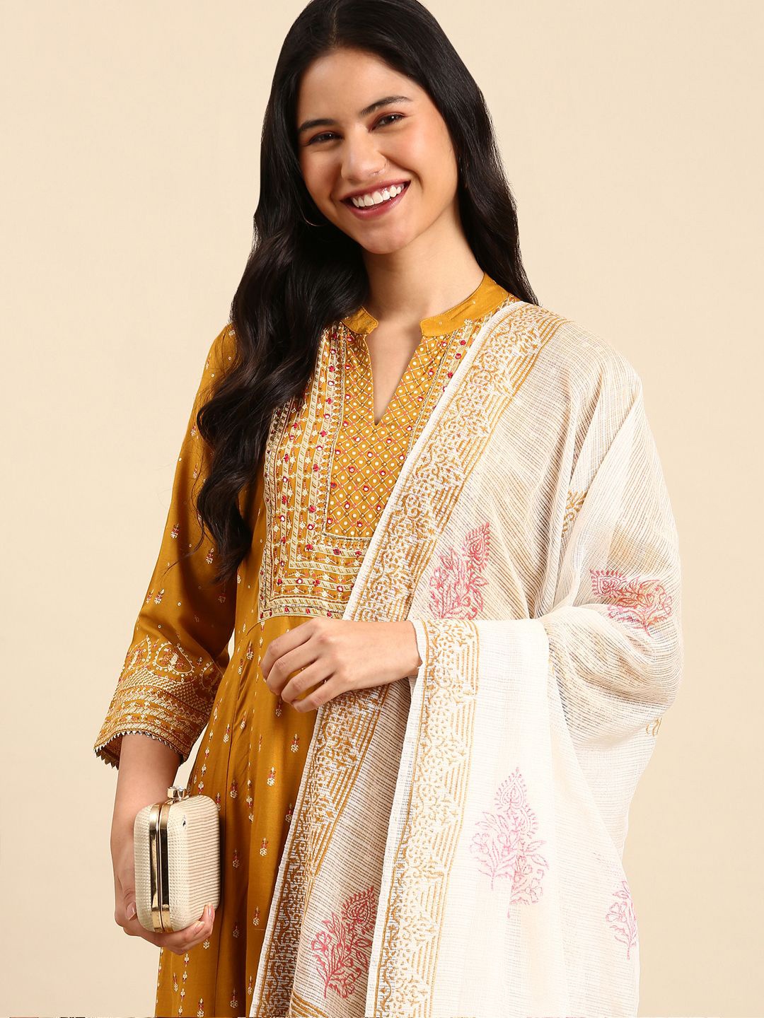 

SHOWOFF Ethnic Motifs Embroidered Mirror Work Anarkali Kurta With Trousers & Dupatta, Mustard