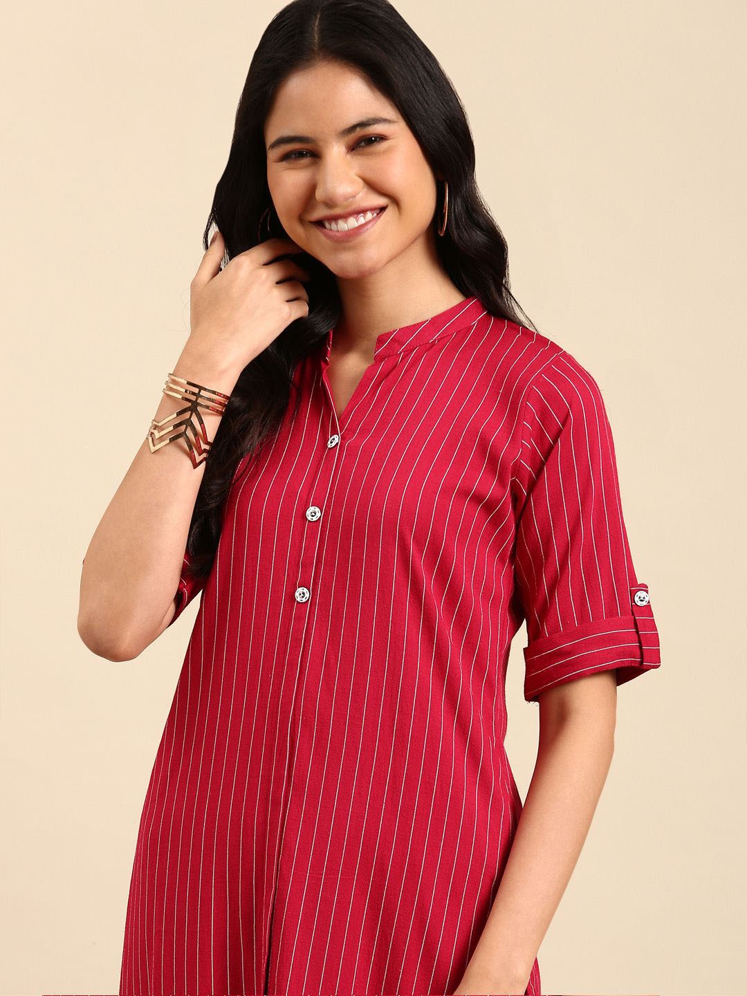 

SHOWOFF Striped Straight Kurta with Trousers, Pink