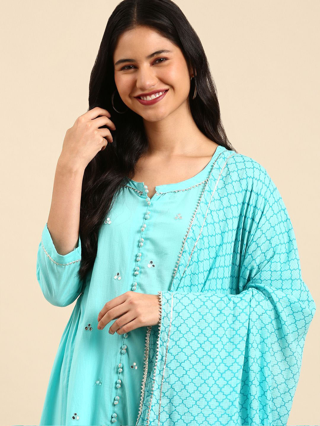 

SHOWOFF Ethnic Motifs Embroidered Mirror Work Anarkali Kurta with Palazzos & Dupatta, Blue
