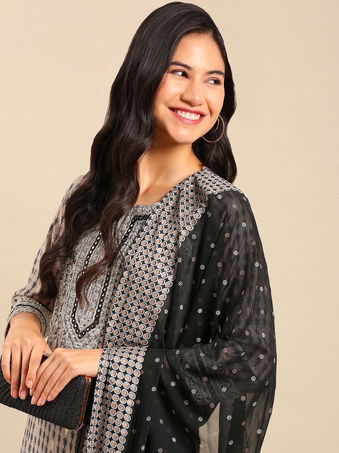 

SHOWOFF Ethnic Motifs Embroidered Zari Straight Kurta With Palazzos & Dupatta, Grey