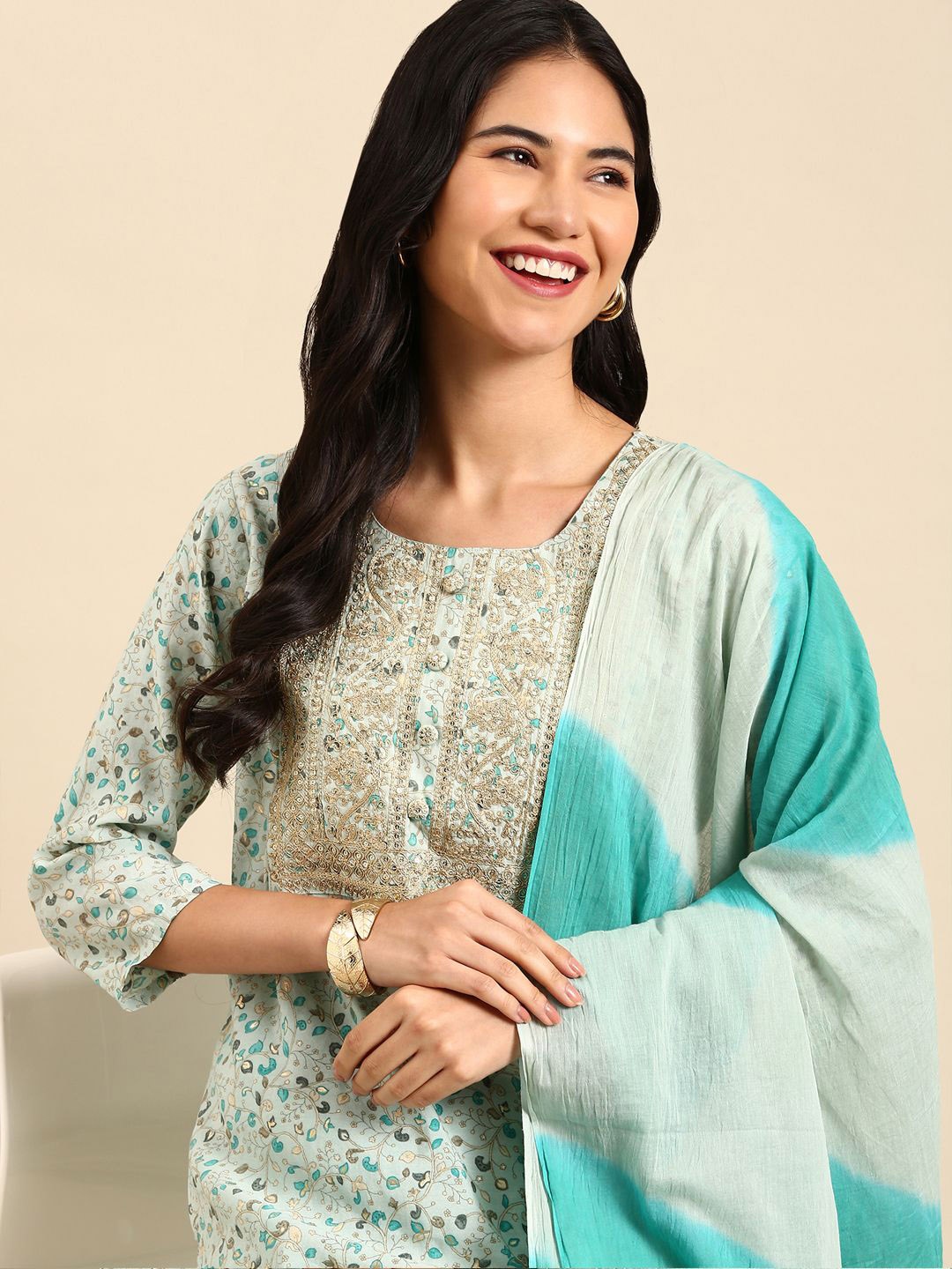 

SHOWOFF Embroidered Chanderi Cotton Straight Kurta with Trousers & With Dupatta, Blue