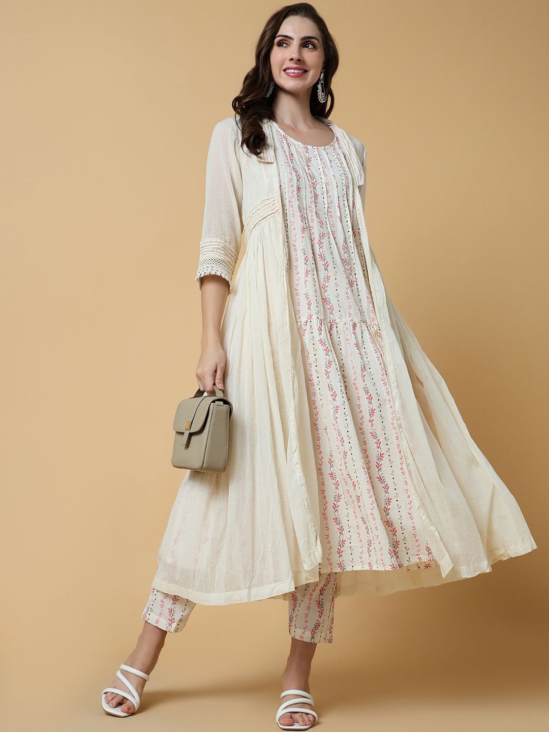 

SHOWOFF Floral Printed Panelled A-Line Kurta with Trousers, Cream