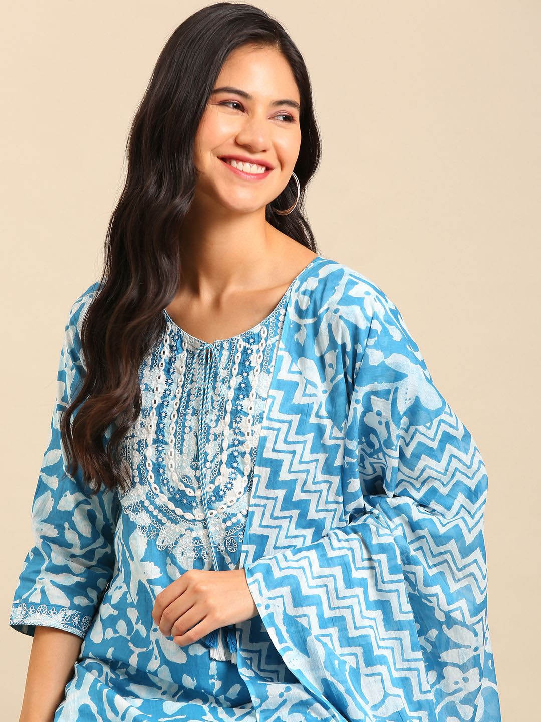 SHOWOFF Ethnic Motifs Printed Mirror Work Straight Kurta With Trousers & Dupatta, Blue