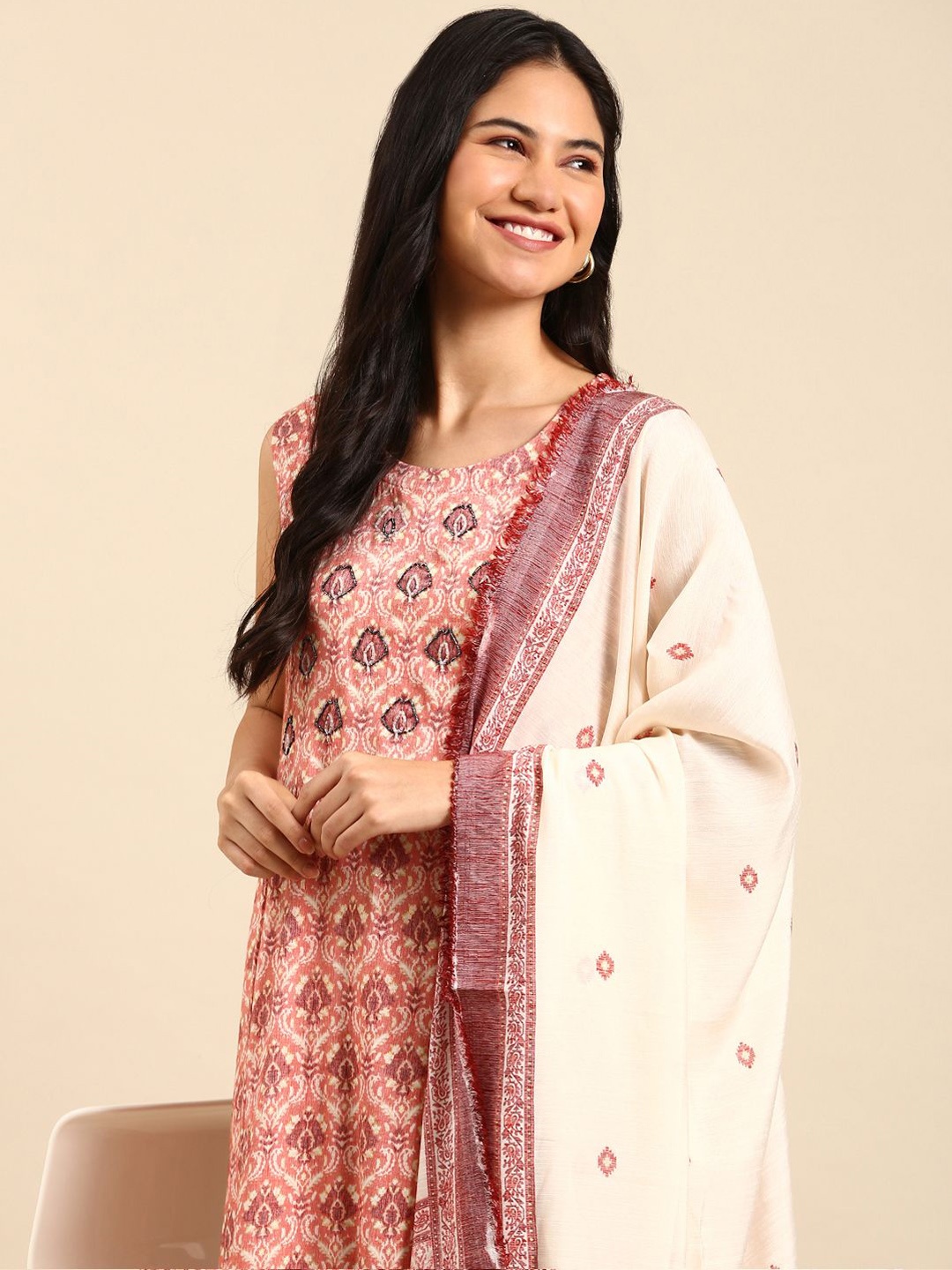 

SHOWOFF Ethnic Motifs Printed Beads and Stones A-Line Kurta With Trousers & Dupatta, Orange