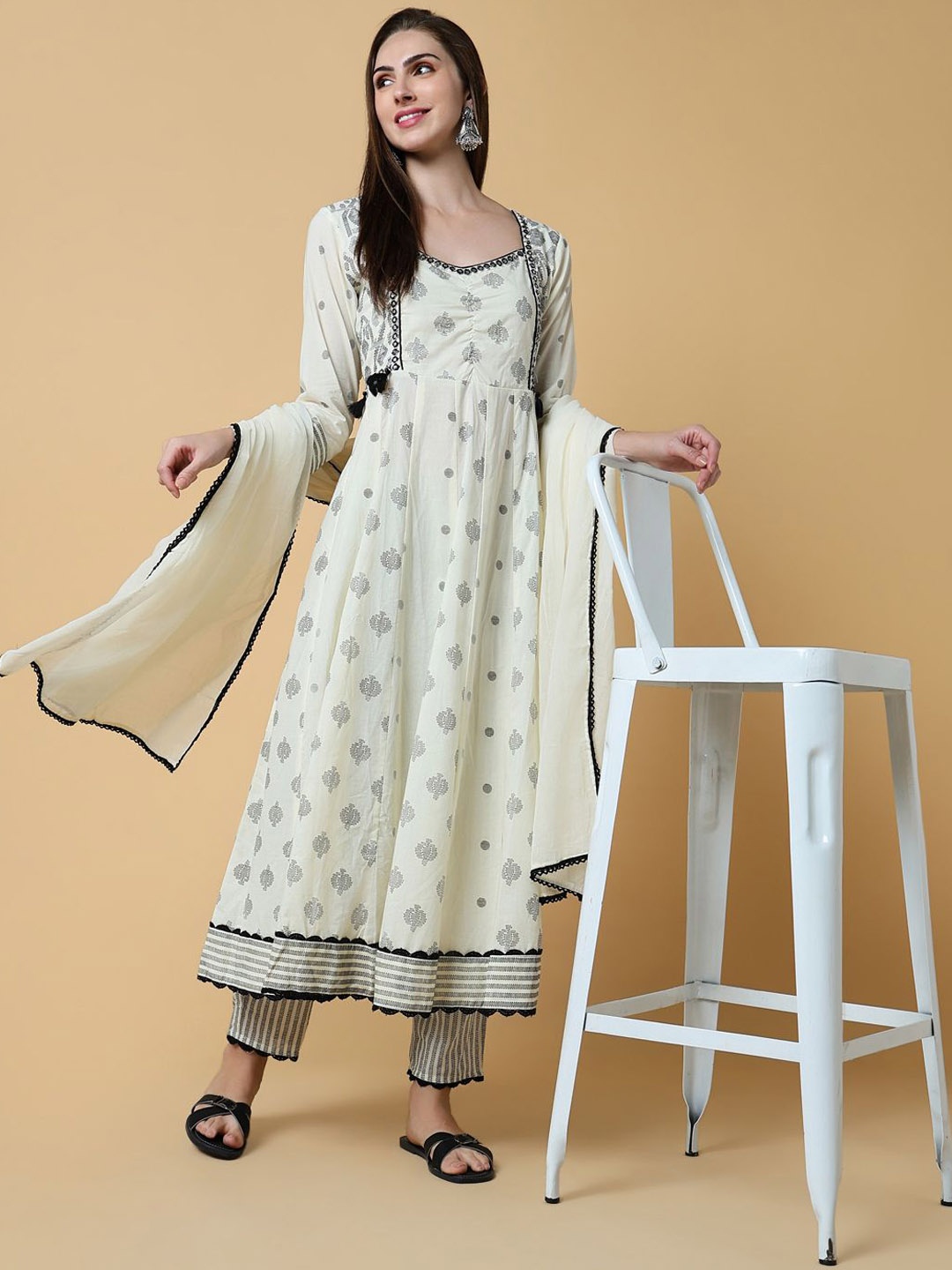 SHOWOFF Geometric Printed Mirror Work Anarkali Kurta with Trousers & Dupatta, Off white