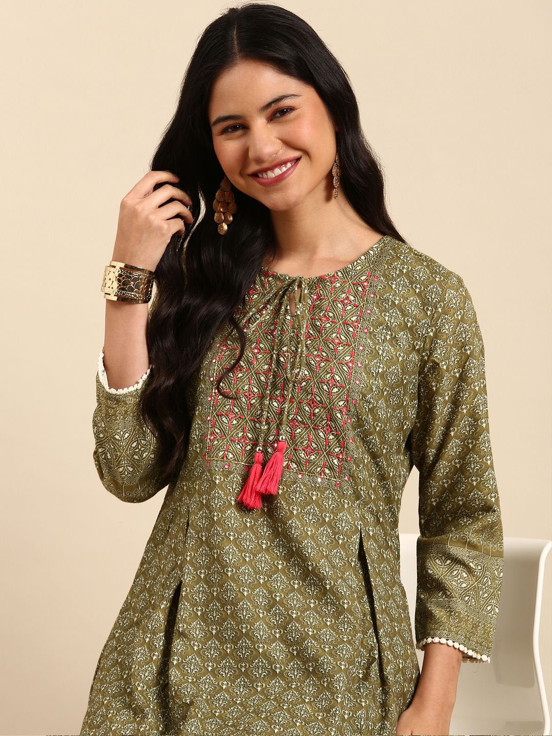 

SHOWOFF Ethnic Motifs Embroidered Tie-Up Neck Mirror Work A-Line Kurta With Trousers, Olive