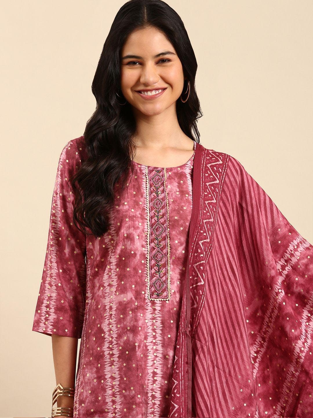 

SHOWOFF Tie And Dye Embroidered Beads and Stones Straight Kurta With Trousers & Dupatta, Pink