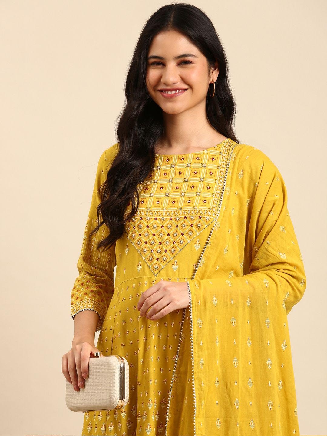 

SHOWOFF Floral Printed Empire Beads and Stones Anarkali Kurta with Palazzos & With Dupatta, Yellow