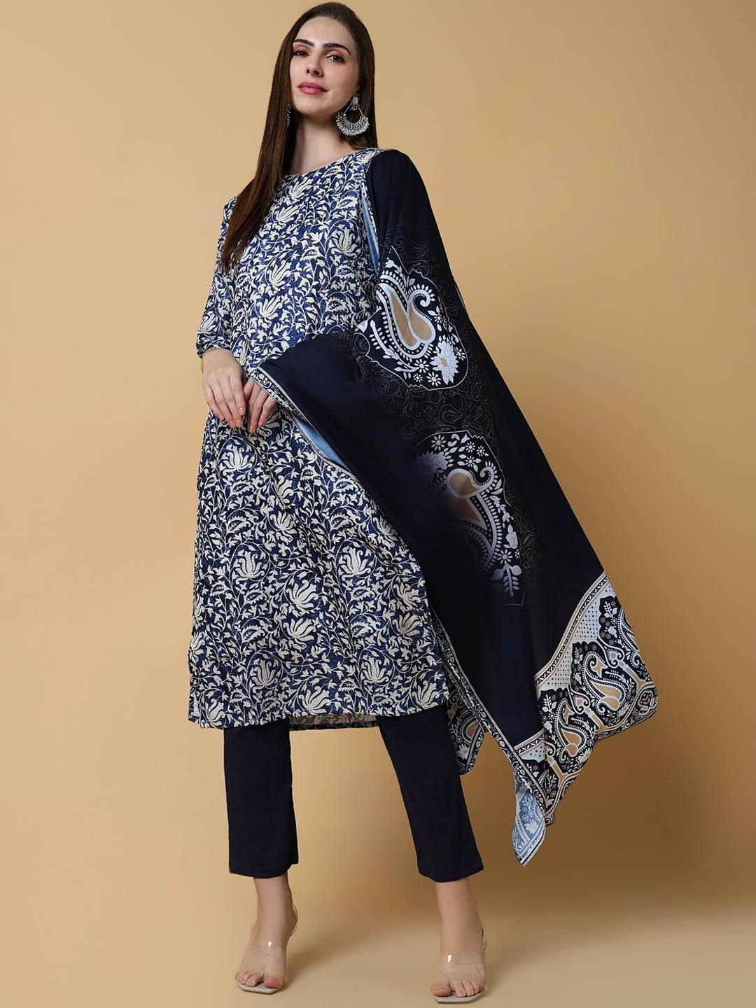 

SHOWOFF Ethnic Motifs Printed Straight Kurta with Trousers & With Dupatta, Navy blue