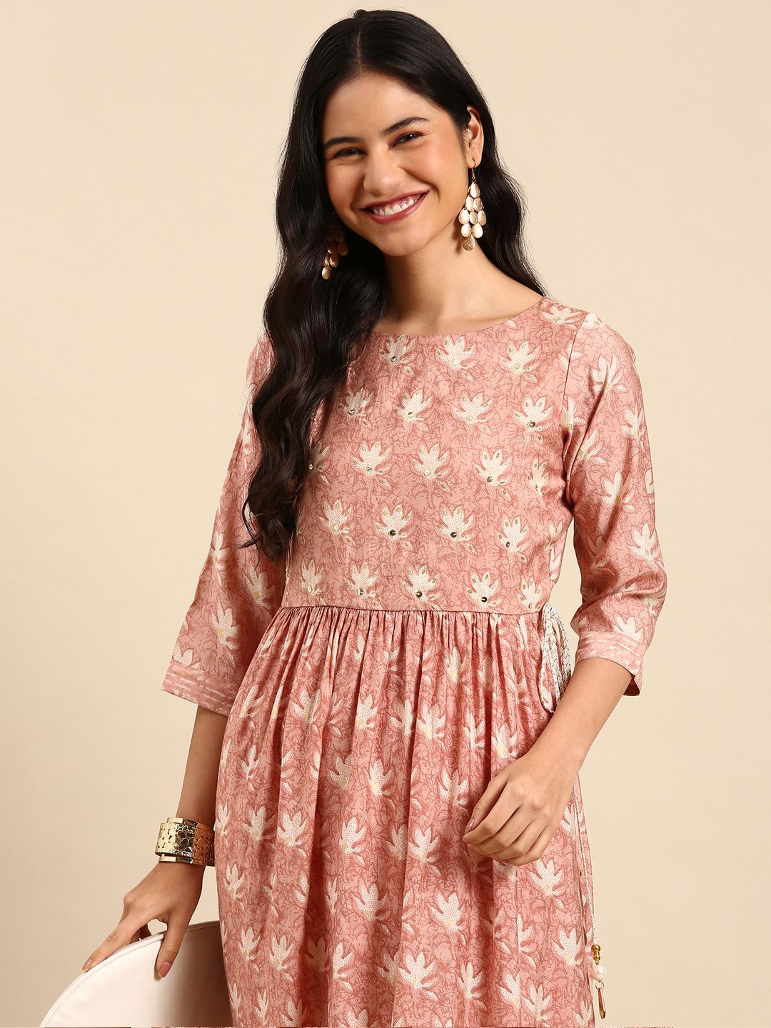 

SHOWOFF Floral Printed Pleated Chanderi Cotton Anarkali Kurta with Trousers, Peach