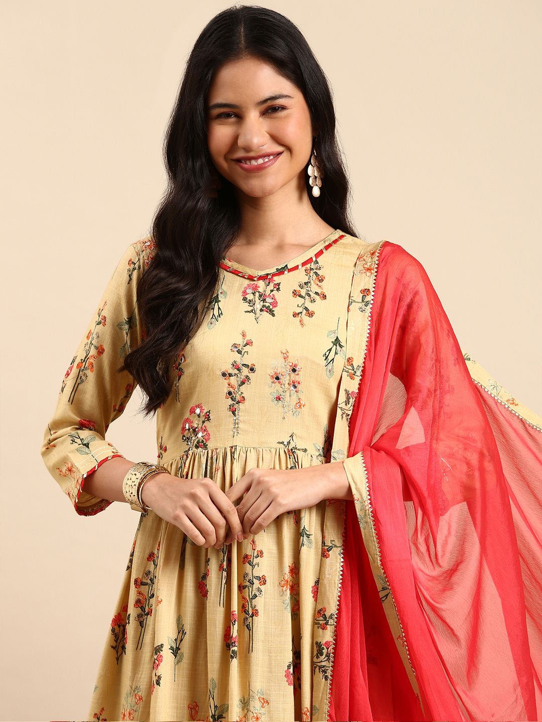 SHOWOFF Floral Printed Mirror Work Anarkali Kurta With Sharara & Dupatta, Beige