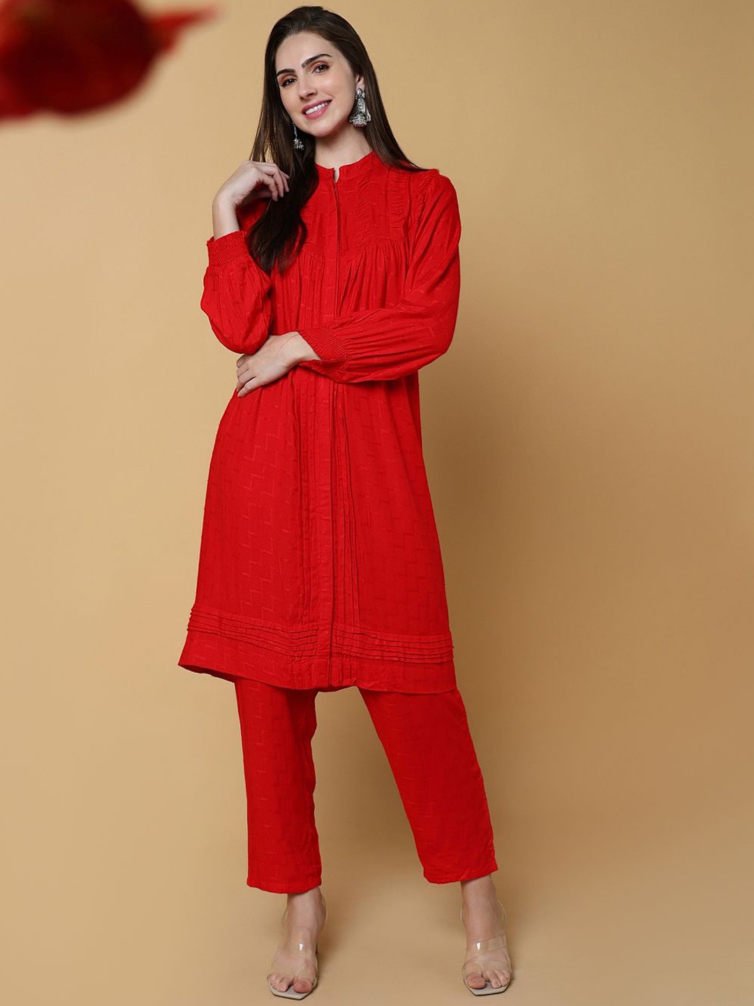 

SHOWOFF Pleated A line Kurta with Trousers, Red