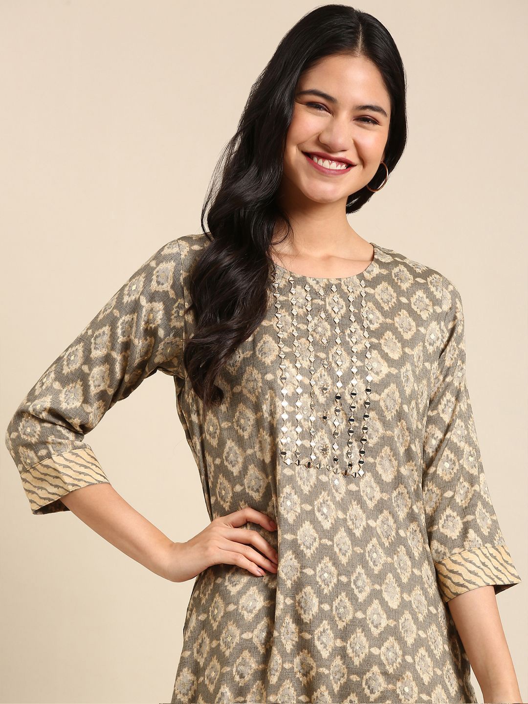 SHOWOFF Ethnic Motifs Printed Mirror Work Stright Kurta with Trousers, Grey