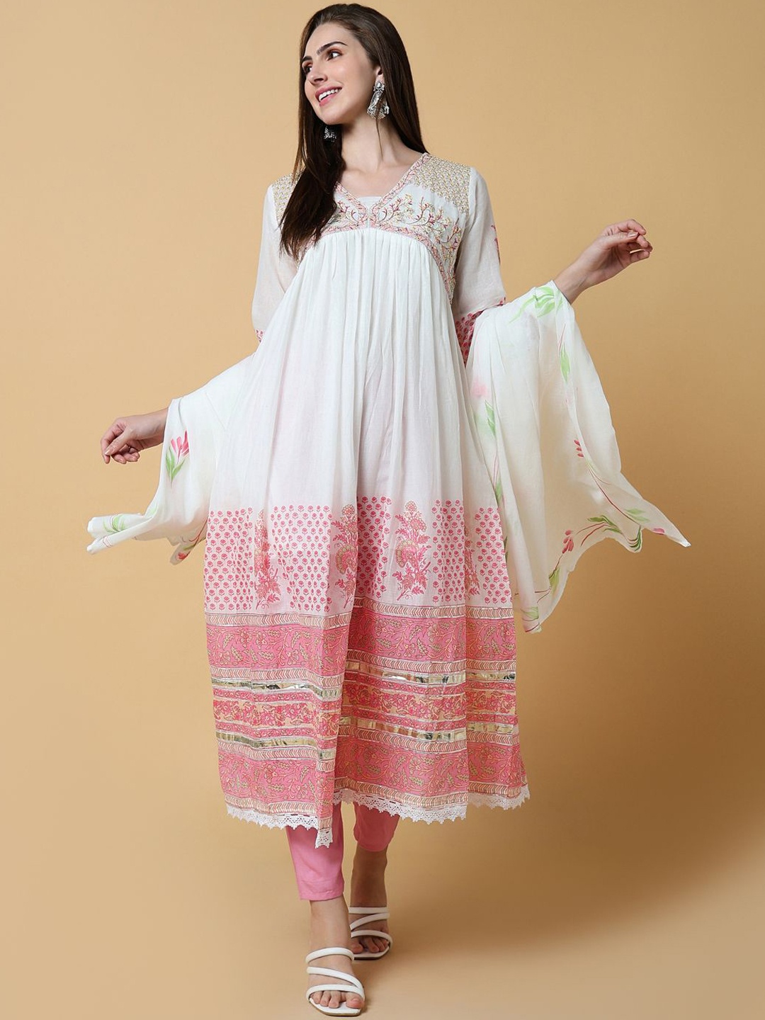 SHOWOFF Floral Printed Thread Work Empire Anarkali Kurta With Trouser & Dupatta, White