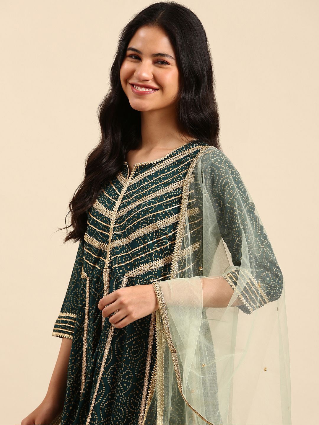 

SHOWOFF Bandhani Printed High Slit Gotta Patti Anarkali Kurta With Sharara & Dupatta, Green