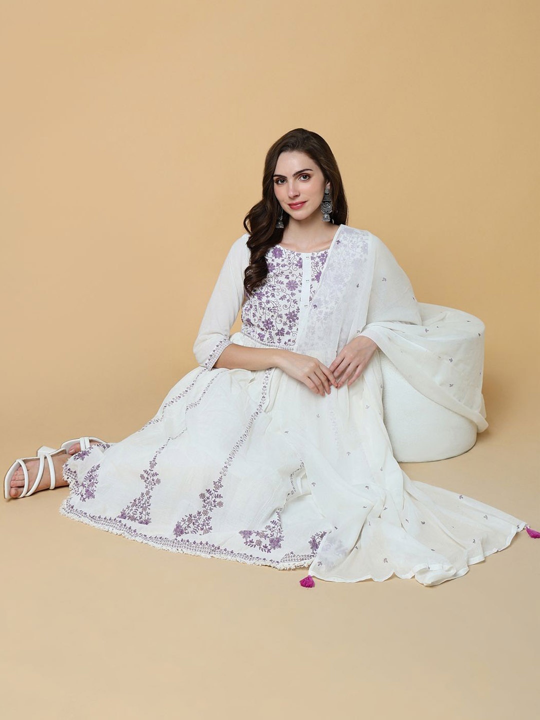 SHOWOFF Floral Embroidered Thread Work Anarkali Kurta With Trousers & Dupatta, White