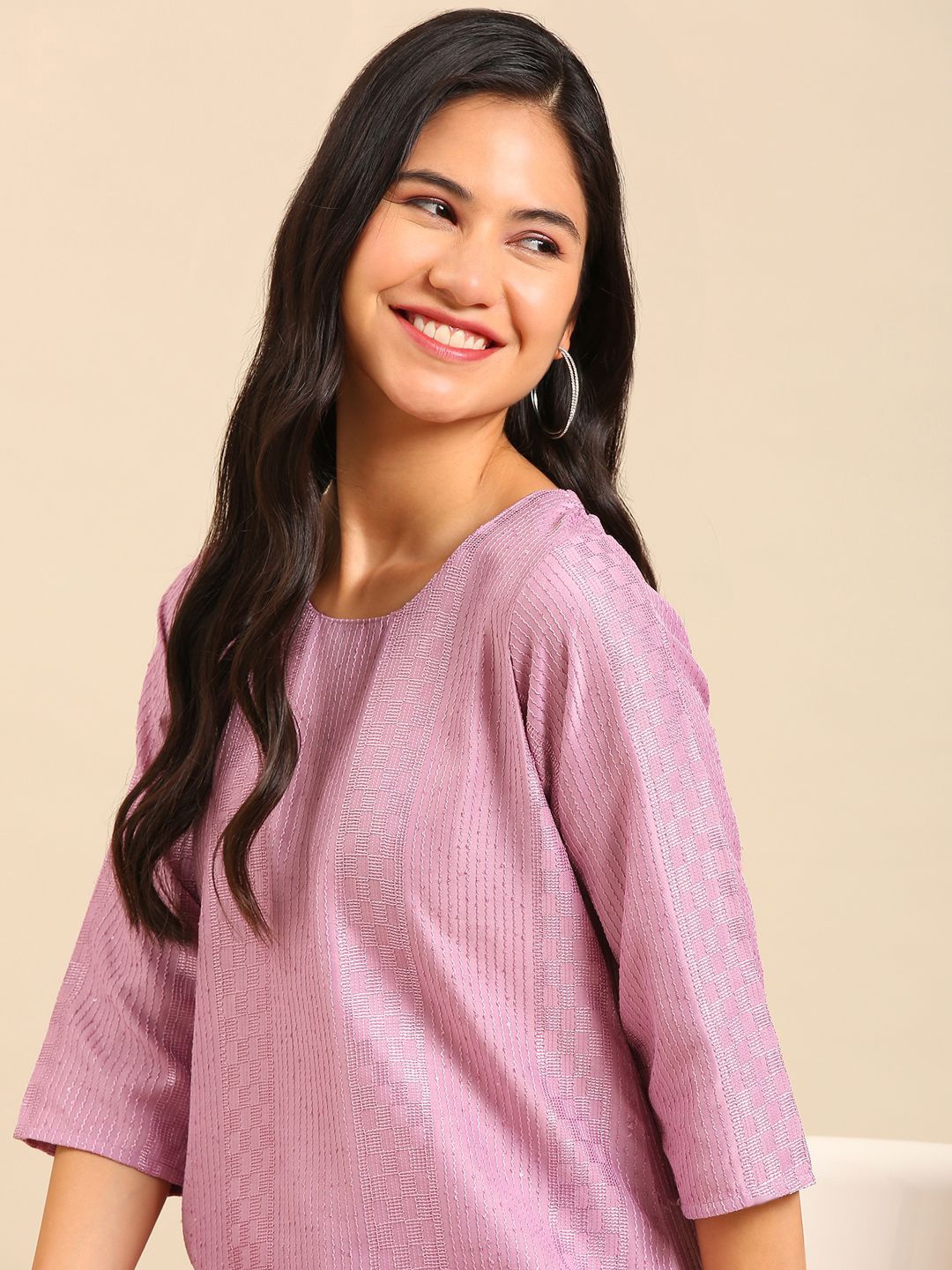 

SHOWOFF Striped Embroidered Thread Work Straight Kurta With Trousers, Purple