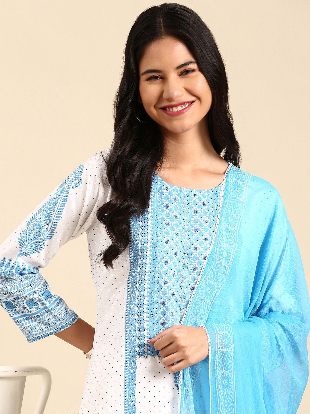 

SHOWOFF Ethnic Motifs Printed Sequinned Straight Kurta with Trousers & With Dupatta, White