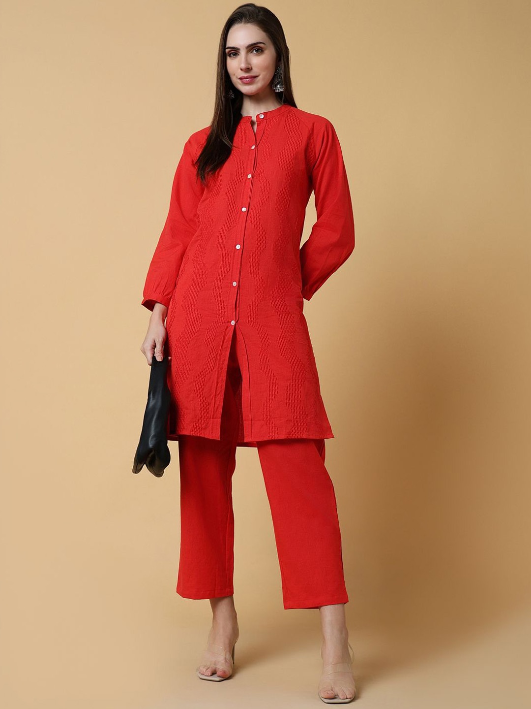 

SHOWOFF Self Design Band Collar Tunic With Trousers, Red