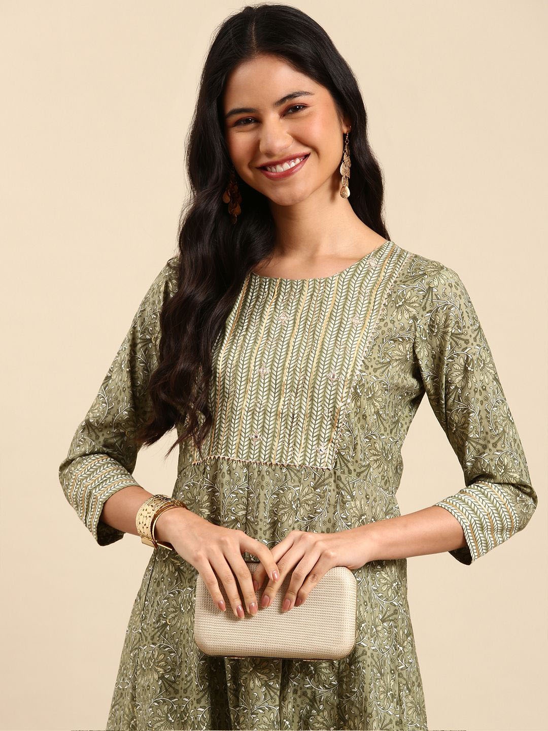 

SHOWOFF Ethnic Motifs Printed Sequined Anarkali Kurta With Trousers, Olive
