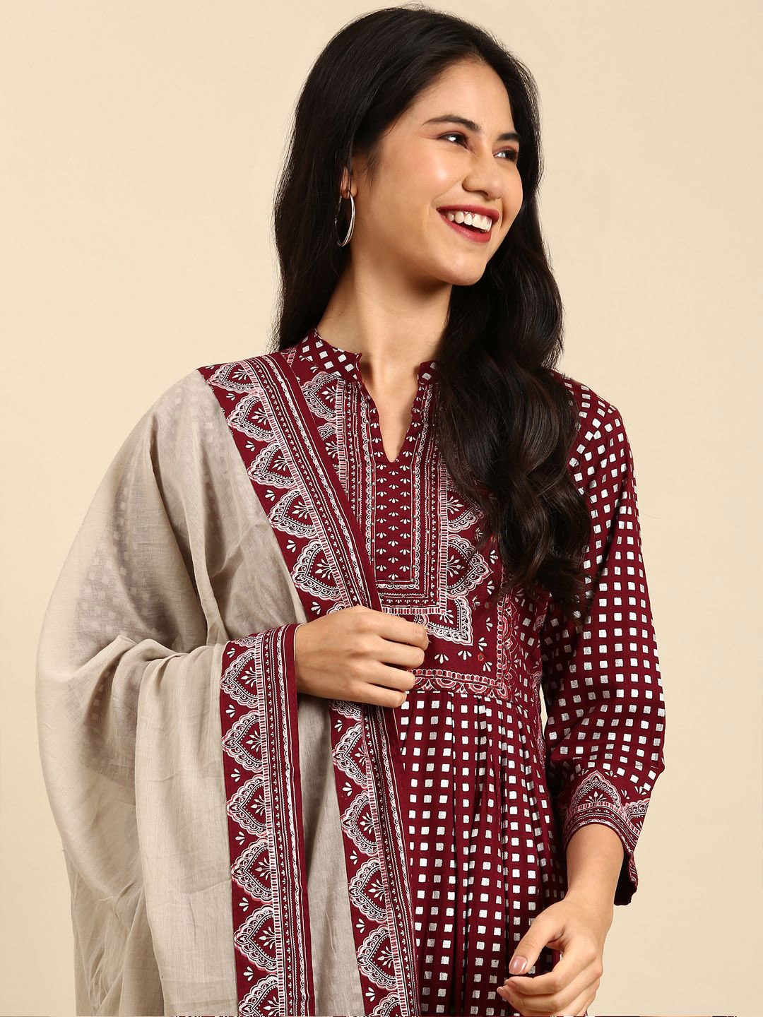 

SHOWOFF Printed Empire Beads and Stones Anarkali Kurta with Trousers & With Dupatta, Maroon