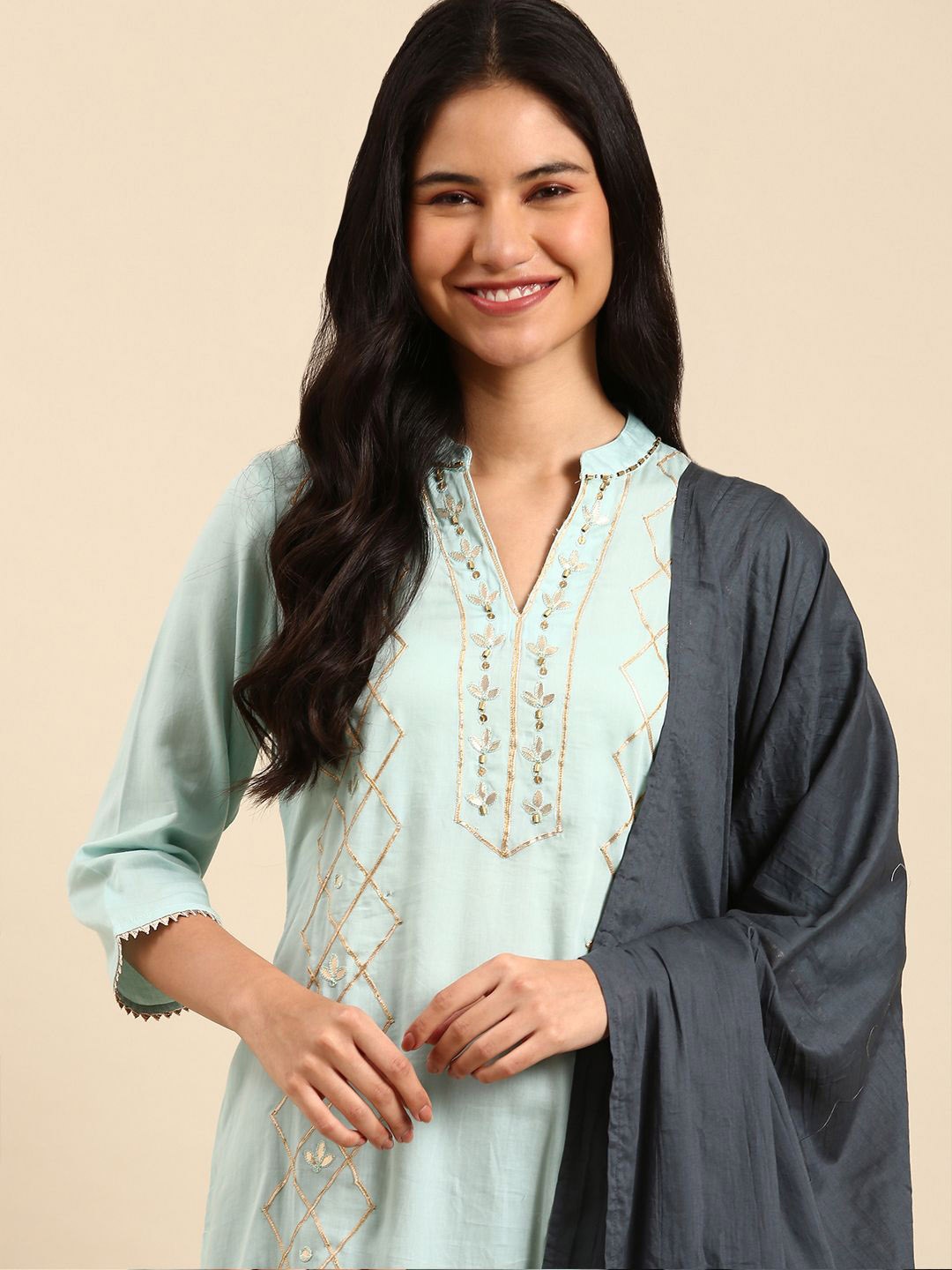 

SHOWOFF Embroidered Gotta Patti Chanderi Cotton Straight Kurta With Trousers & Dupatta, Blue