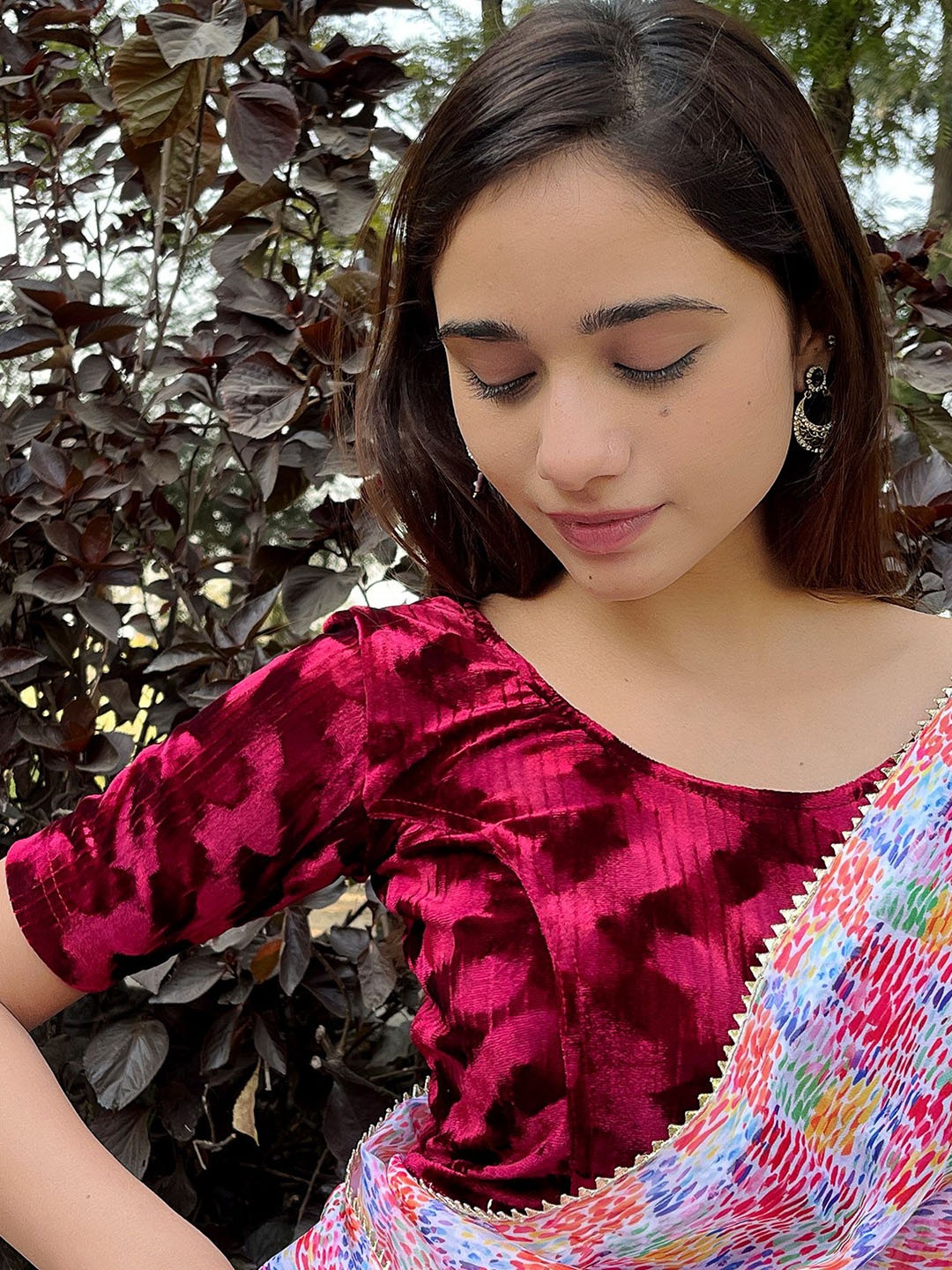 

Bindigasm's Advi Round Neck Velvet Saree Blouse, Maroon