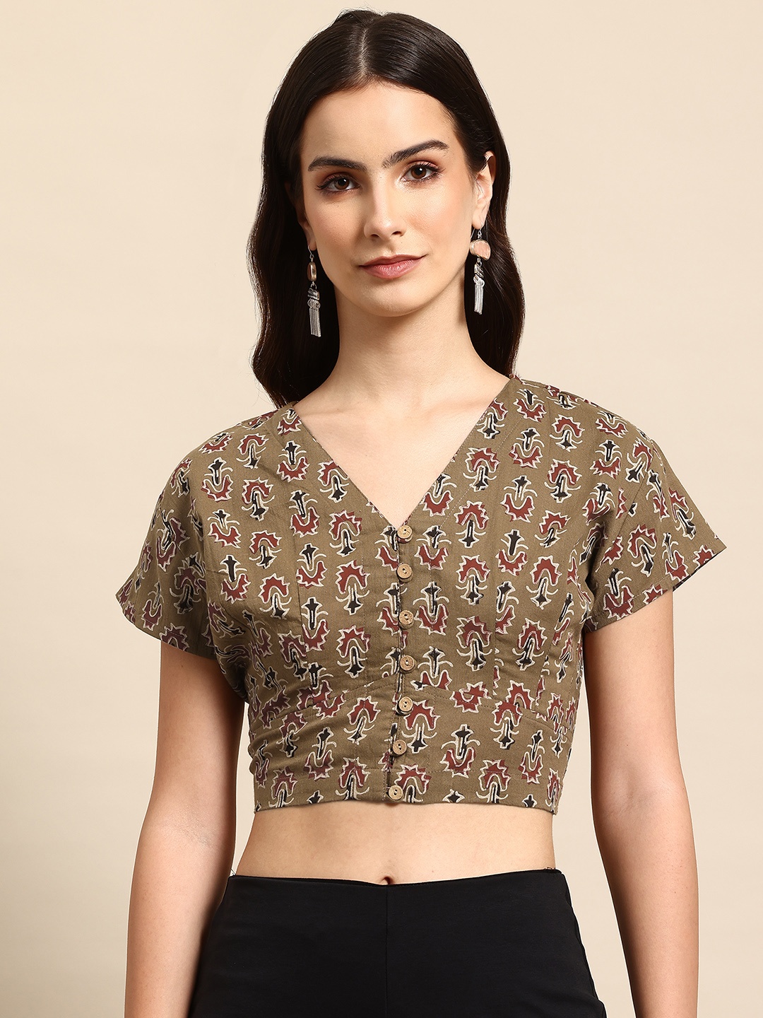 

Molcha Ajrak Printed Pure Cotton Saree Blouse, Brown