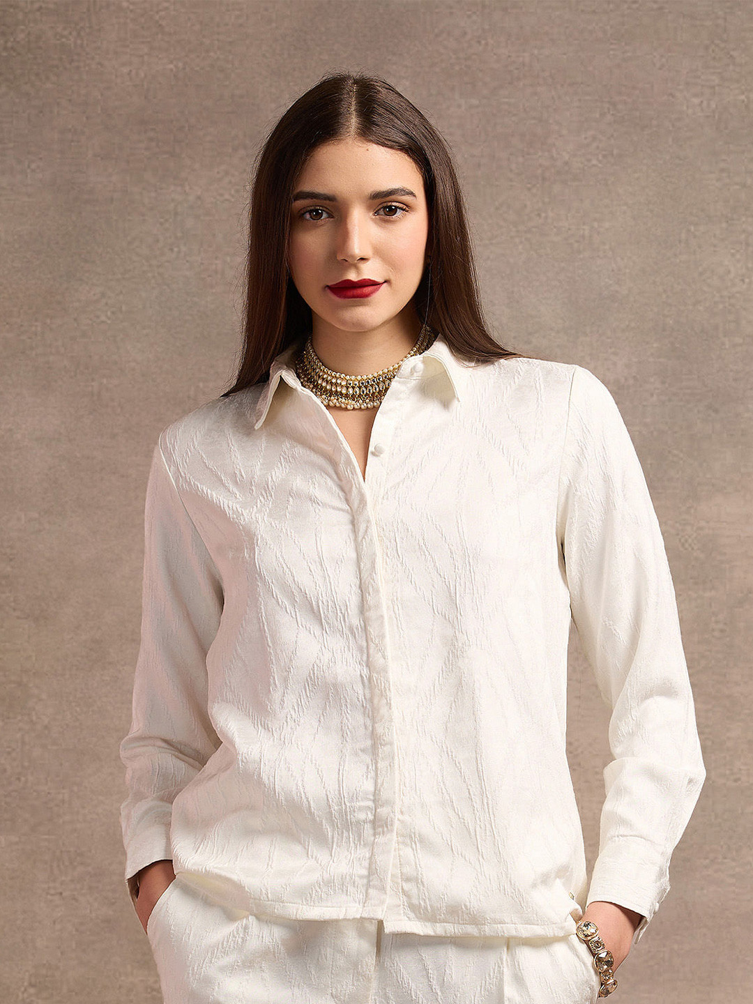 

U.S. Polo Assn. Women Spread Collar Textured Relaxed Fit Casual Shirt, White