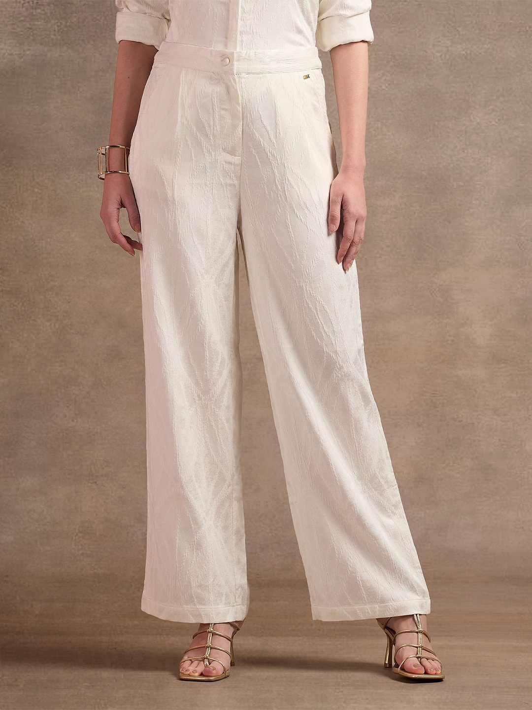 

U.S. Polo Assn. Women Self Design Flared High-Rise Wide Leg Trousers, White