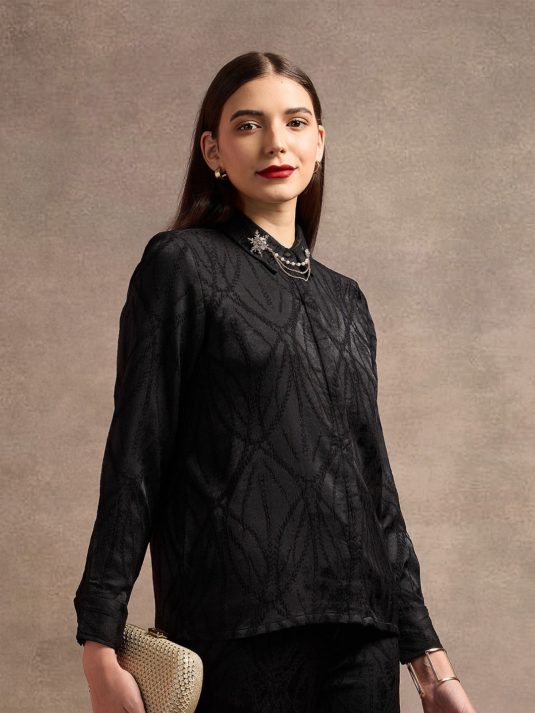 

U.S. Polo Assn. Women Spread Collar Textured Relaxed Fit Casual Shirt, Black