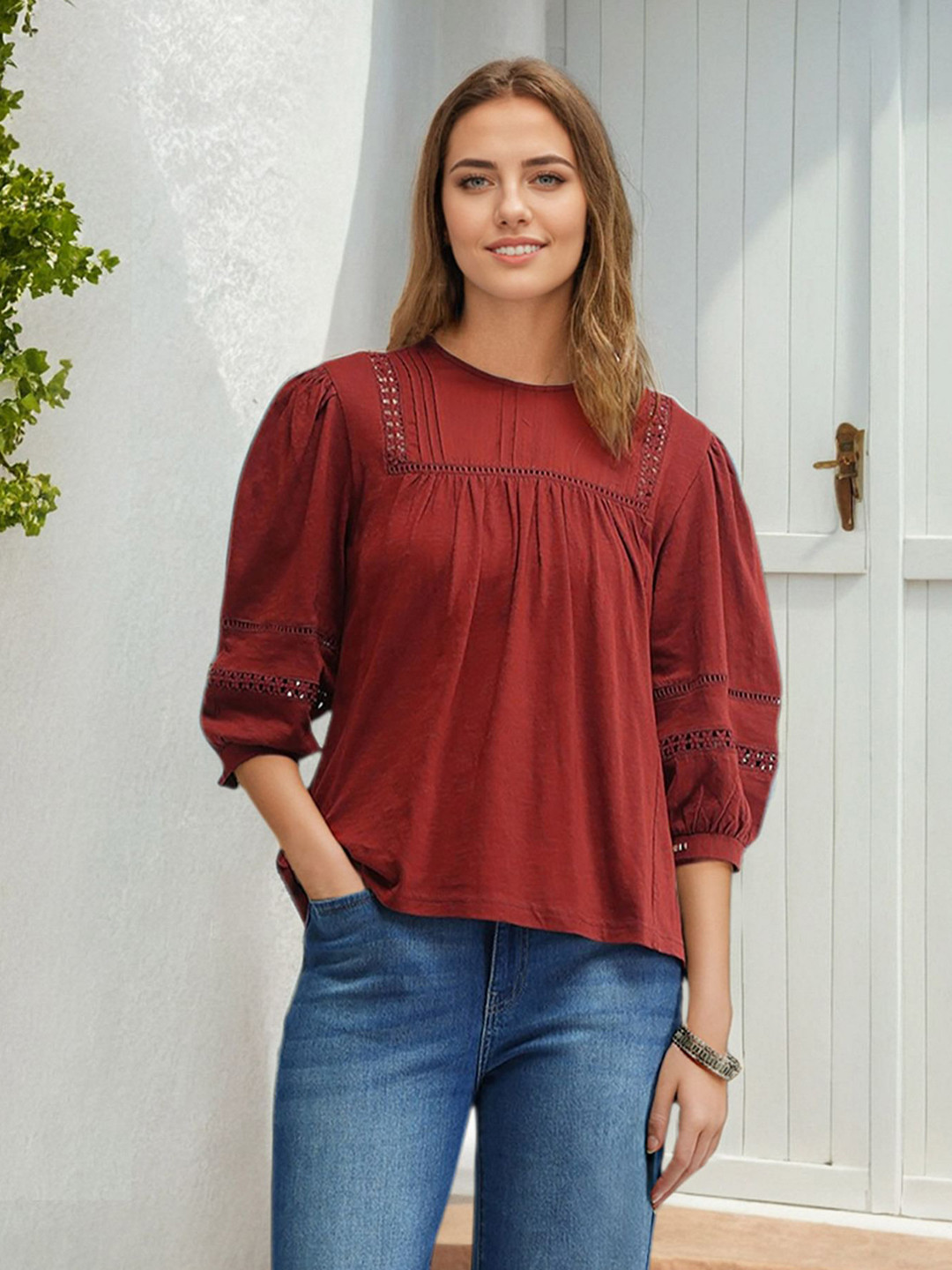 

U.S. Polo Assn. Women Solid Round Neck Cotton Top, Maroon