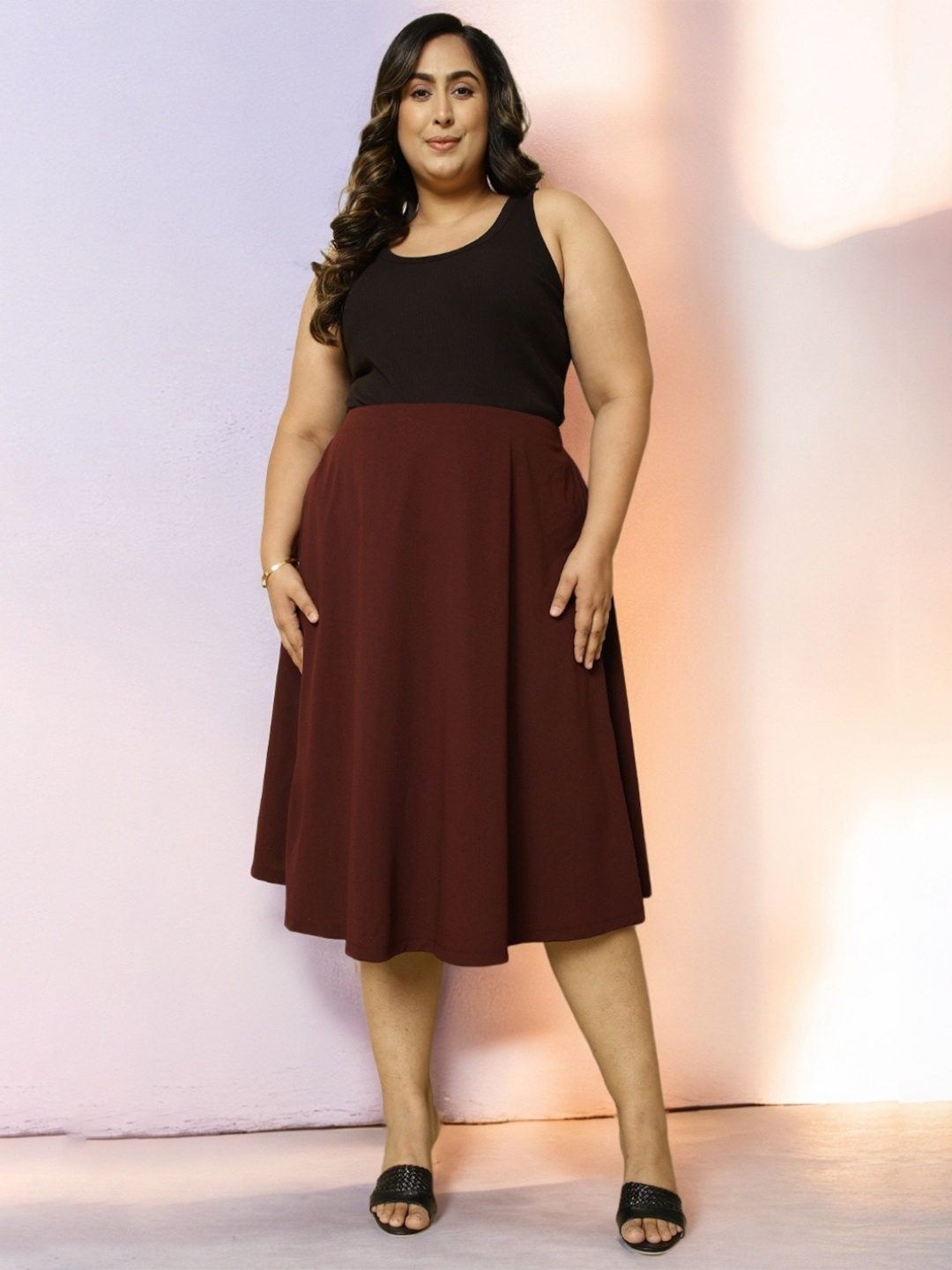 

Amydus A-Line Midi Plus Size Skirt, Coffee brown